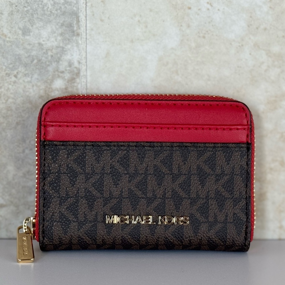 Michael Kors Jet Set Card Case Wallet MK Brown Red